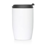A drink bottle featuring a white stainless steel body and a dark grey lid, with a logo on the side.