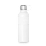 A drink bottle in white with a stainless steel cap and a textured band around the middle. It has a logo.