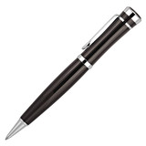 A sleek black metal ballpoint pen with silver accents and a clip, featuring a polished surface and modern design.