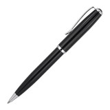A black metal ballpoint pen with silver accents and a clip, featuring a sleek, elegant design.
