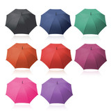 A collection of eight umbrellas in black, navy, green, orange, red, pink, purple, and maroon, all with a logo.