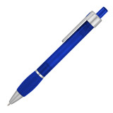 A blue ballpoint pen with a silver clip and a textured grip. The pen features a sleek design and branding.