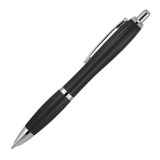 A plastic ballpoint pen in solid dark grey with shiny silver accents and a clip. It has a sleek design.