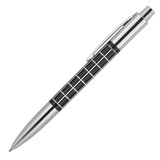 A sleek black and silver ballpoint pen with a patterned grip, featuring a branding logo.