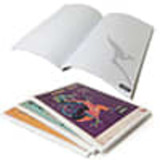 A5 laminated soft cover notebook with a PUR bound spine, featuring an open design and multiple coloured pages.