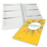 A5 diary with a printed yellow cover and 54 white leaves, featuring a logo on the front.