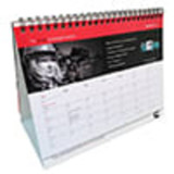A5 wiro bound tent calendar featuring a red and white design with a spiral binding. Includes a graphic and a logo.