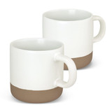 A set of ceramic coffee mugs in white and tan, featuring a simple design with a prominent handle.