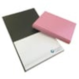 Recycled leather combination notepad cover in pink and grey, with unprinted white notepad inside. Features branding.