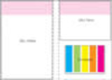 A notepad featuring a pink cover with a colourful striped section inside. Includes a logo.