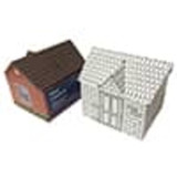 A house-shaped money box, featuring a brown roof and white walls, alongside a red and blue house design.