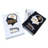 A set of standard bridge size playing cards in black and white packaging, featuring a logo.