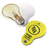 A yellow light bulb-shaped pad with a white backing, featuring a logo.