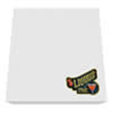 A stack of white sticky notes with a branding logo on one corner.