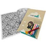 An adult mindfulness colouring book featuring intricate black and white patterns, a red pencil, and a branded cover.