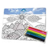 A landscape-oriented print magnet features a black-and-white design with a mountain scene and a set of colourful markers.