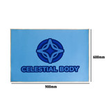 A blue polyester logo mat featuring a circular design and text, measuring 900mm by 600mm.
