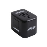 A black universal travel adapter featuring multiple ports and a logo. Compact design suitable for various plugs.