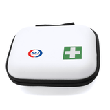 A white compact first aid kit with a green cross and logo, featuring a zippered closure.