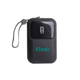 A black portable power bank with a digital display, featuring a logo and a carrying strap.