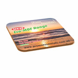 An Eco MDF coaster featuring a full-colour beach scene with sunset hues and a logo.