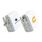 A white universal travel adapter with four ports and a logo on one side, featuring a compact design.