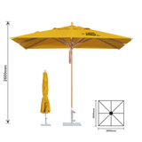 A yellow, wind-resistant outdoor umbrella with a wooden pole and a base, featuring a logo.