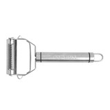 A stainless steel vegetable peeler with two peeler blades, featuring a comfortable handle and a logo.