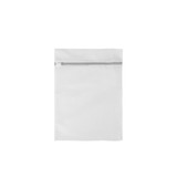 A white mesh laundry bag featuring a zip closure and a simple design. It has a logo on one side.