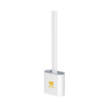 A silicone toilet brush in white with a grey base, featuring a logo on the front.