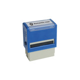 A blue self-inking rubber stamp with a white base, featuring a logo on the top.