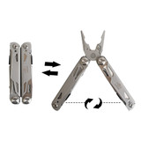 A stainless steel survival multi-tool displayed in both folded and open positions, featuring pliers and multiple tools.