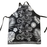 A black polyester apron featuring white lizard designs and tropical foliage patterns, complete with ties and a logo.