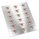 A sheet of oval paper stickers featuring floral designs in pink and green, with a logo and website details.