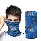 A man wearing blue multi-purpose headwear with a compass design, shown both on his face and standing upright.