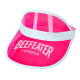 A pink plastic sun visor with a white trim and a logo. Ideal for sunny days.