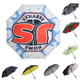 A full colour umbrella featuring a vibrant design with shades of red, black, white, and other colours, alongside various other umbrellas.