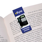 A magnetic bookmark designed with a blue and white theme, featuring an image of a phone and a logo.