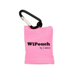 A pink microfibre cloth keyring with a black carabiner and a logo.