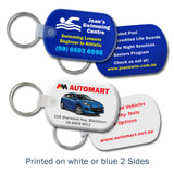 Two keychains on a ring, one blue with swimming graphics and the other white featuring a car. Both have logos.