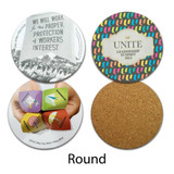 Round cork backed coasters featuring various colourful designs and patterns, with some showing logos.