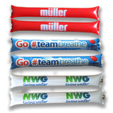 Red and white inflatable thunder sticks, featuring various logos and text, in two sets of three.