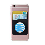 A black silicone mobile wallet attached to a pink phone, holding cash and cards, featuring a 3D logo design.