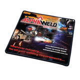 A mousepad featuring a dark background with a colourful design and a logo, showcasing various welding images.