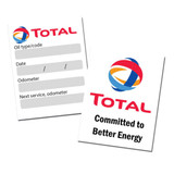 Two service stickers featuring a logo, one with fields for oil type, date, and odometer, designed in red, blue, and yellow.