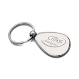A metallic silver keyring in a teardrop shape with a circular attachment loop and a logo.