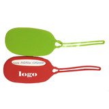 Two silicone luggage tags in green and red with a blank space for a name and a logo on one tag.