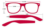 A red pair of sunglasses with dimensions outlined. The design features a rectangular frame and slim arms.