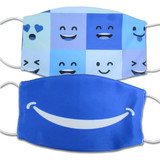 A set of two 2-ply fabric face masks in blue tones featuring smiling faces and playful designs. One mask has a logo.