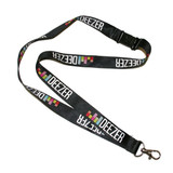 A black recycled PET lanyard featuring a logo, designed for dye sublimation printing.